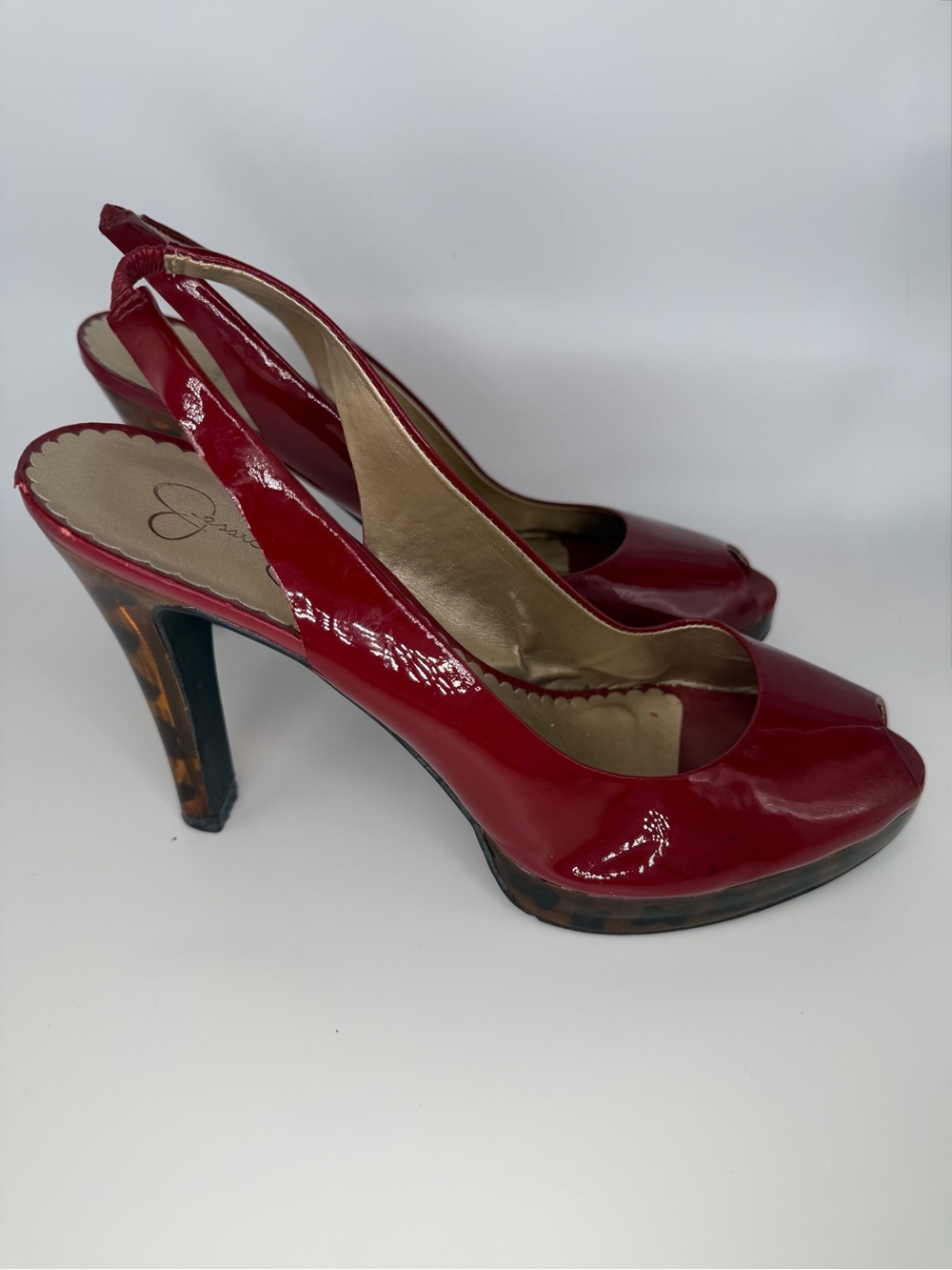Red Patent Leather Slingback Peep-Toe Heels - Designer Signature